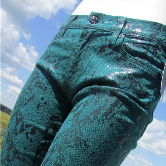 7 For All Mankind Denim - Seven 7 For All Mankind 29 green coated jeans snake skin shiny sexy skinny